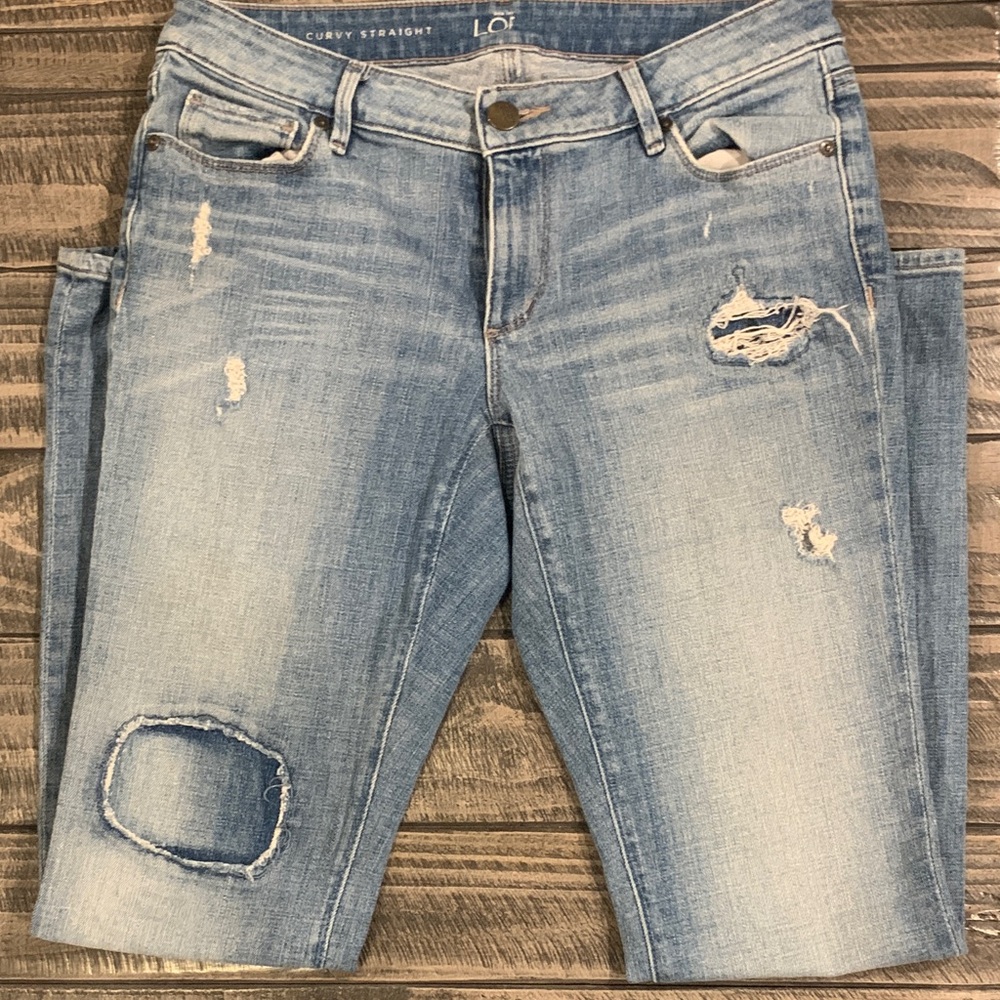 LOFT Women's Distressed Light Blue Curvy Straight Leg Jeans